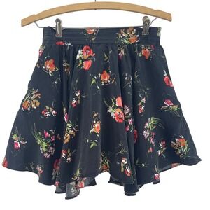 Raquelle Black Floral 100% Silk Skirt S Pleated Pockets Fairy Boho Whimsigoth
